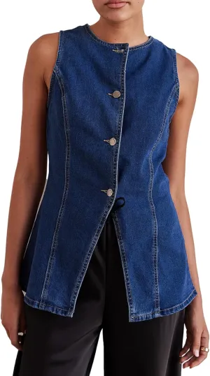 Womens Long Denim Vest Waistcoat Vest Sleeveless Button-Up Back Slit Jean Jacket Vest Y2k Clothes