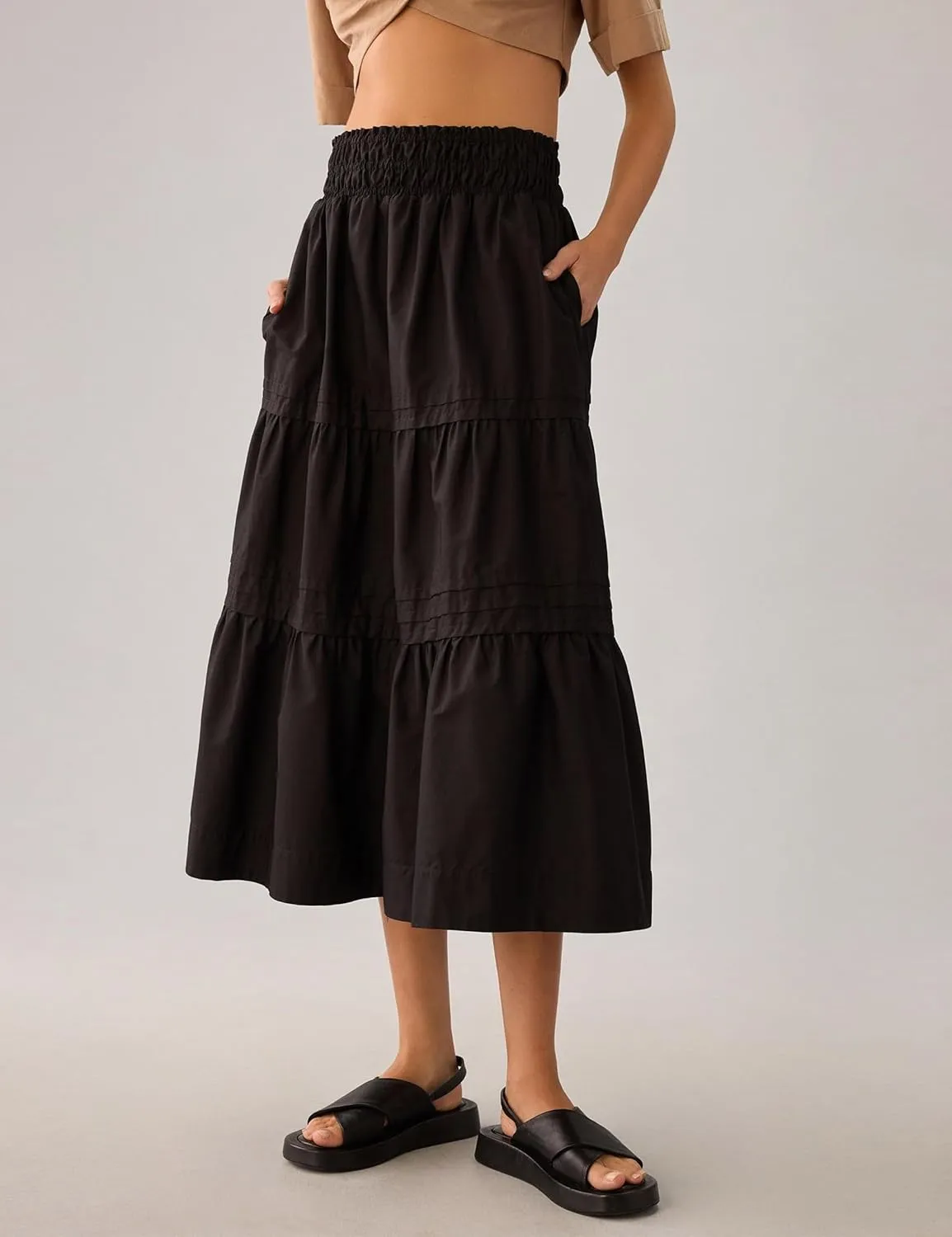 Womens Long Maxi Skirts Casual Boho Smocked High Waisted Flowy Tiered Ruffle A Line Floral Midi Dress with Pockets