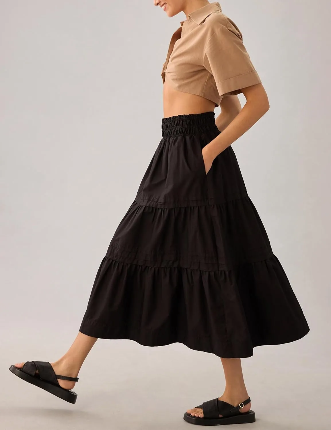 Womens Long Maxi Skirts Casual Boho Smocked High Waisted Flowy Tiered Ruffle A Line Floral Midi Dress with Pockets