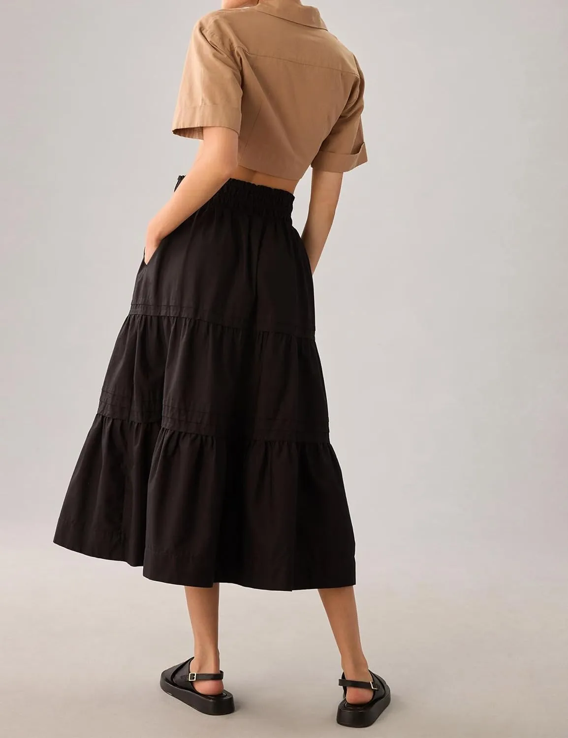 Womens Long Maxi Skirts Casual Boho Smocked High Waisted Flowy Tiered Ruffle A Line Floral Midi Dress with Pockets