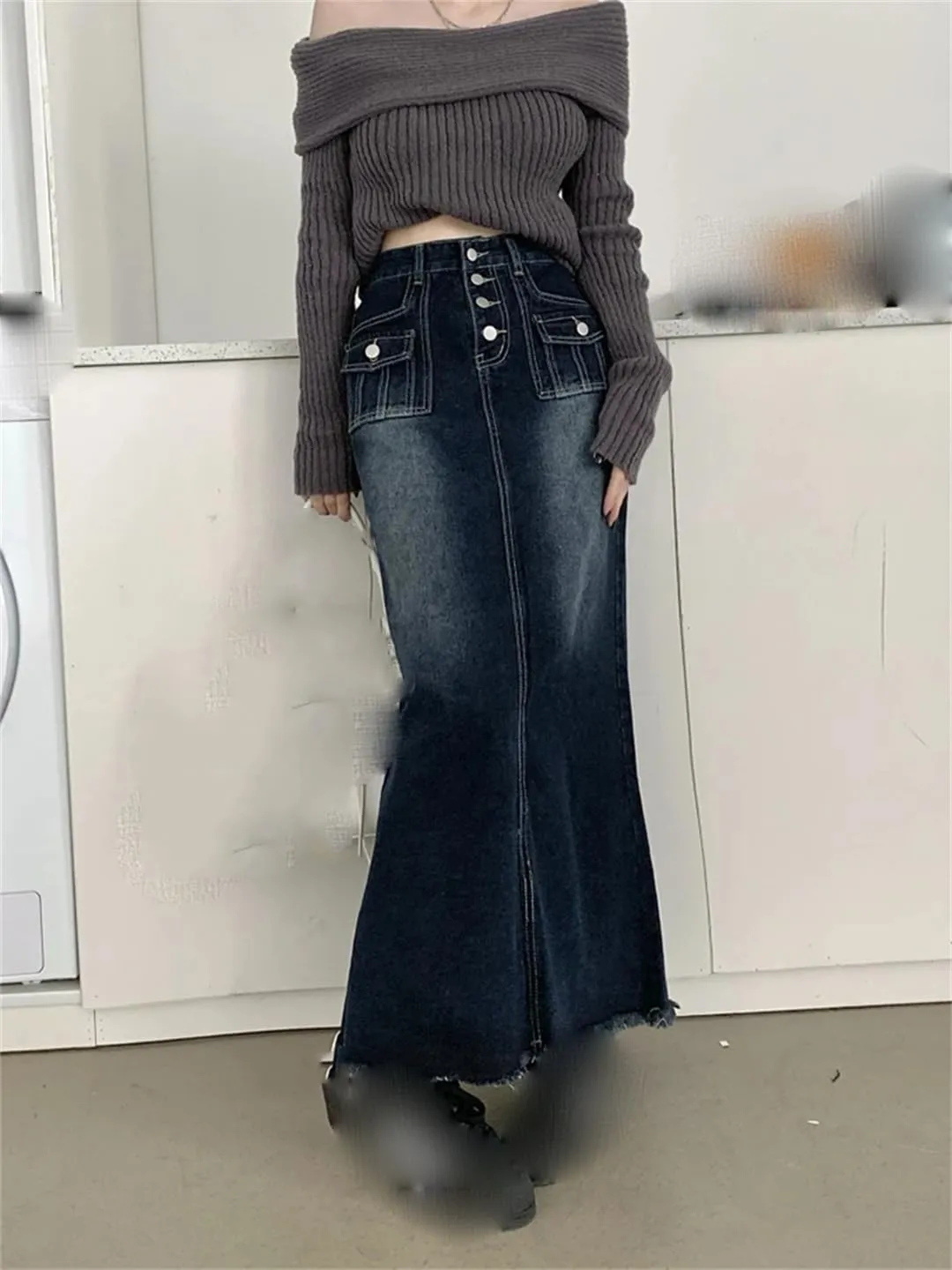 Women's Many Pockets Button Down Denim Skirts Vintage Distressed High Waisted Maxi Jeans Skirts