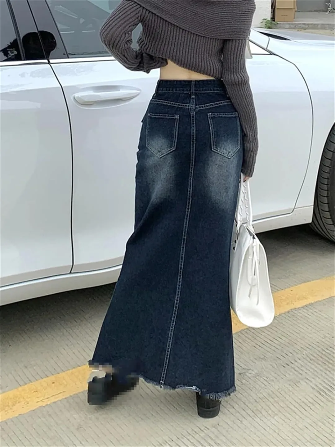 Women's Many Pockets Button Down Denim Skirts Vintage Distressed High Waisted Maxi Jeans Skirts