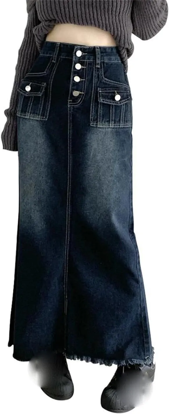 Women's Many Pockets Button Down Denim Skirts Vintage Distressed High Waisted Maxi Jeans Skirts