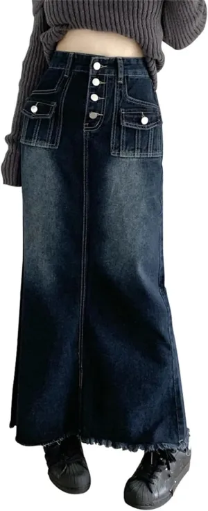 Women's Many Pockets Button Down Denim Skirts Vintage Distressed High Waisted Maxi Jeans Skirts