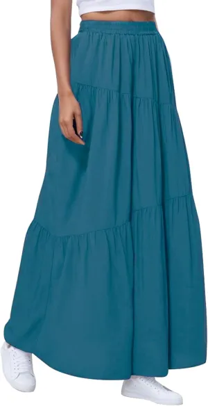 Womens Pleated A-Line Skirt Summer Elastic High Waisted Tiered Casual Long Skirts with Pockets