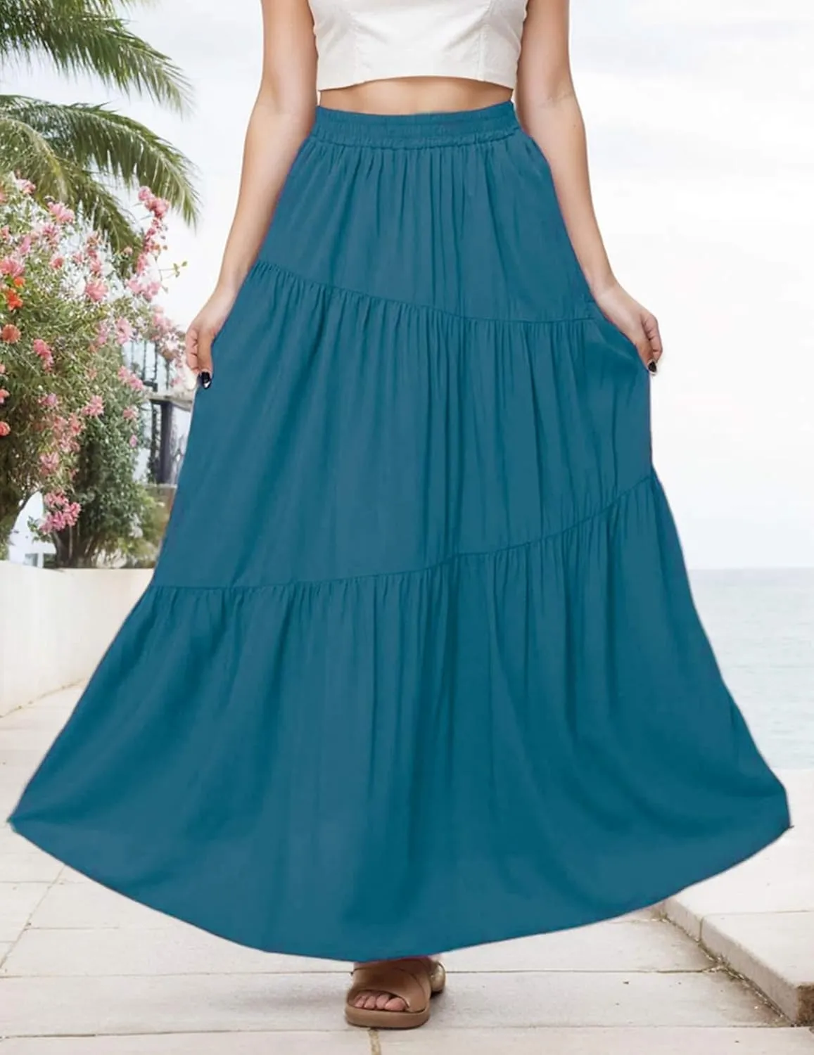 Womens Pleated A-Line Skirt Summer Elastic High Waisted Tiered Casual Long Skirts with Pockets