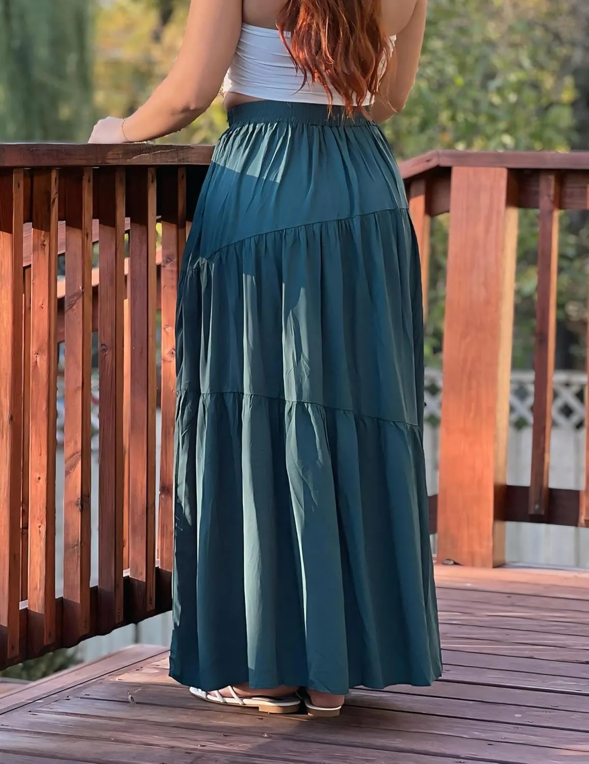 Womens Pleated A-Line Skirt Summer Elastic High Waisted Tiered Casual Long Skirts with Pockets