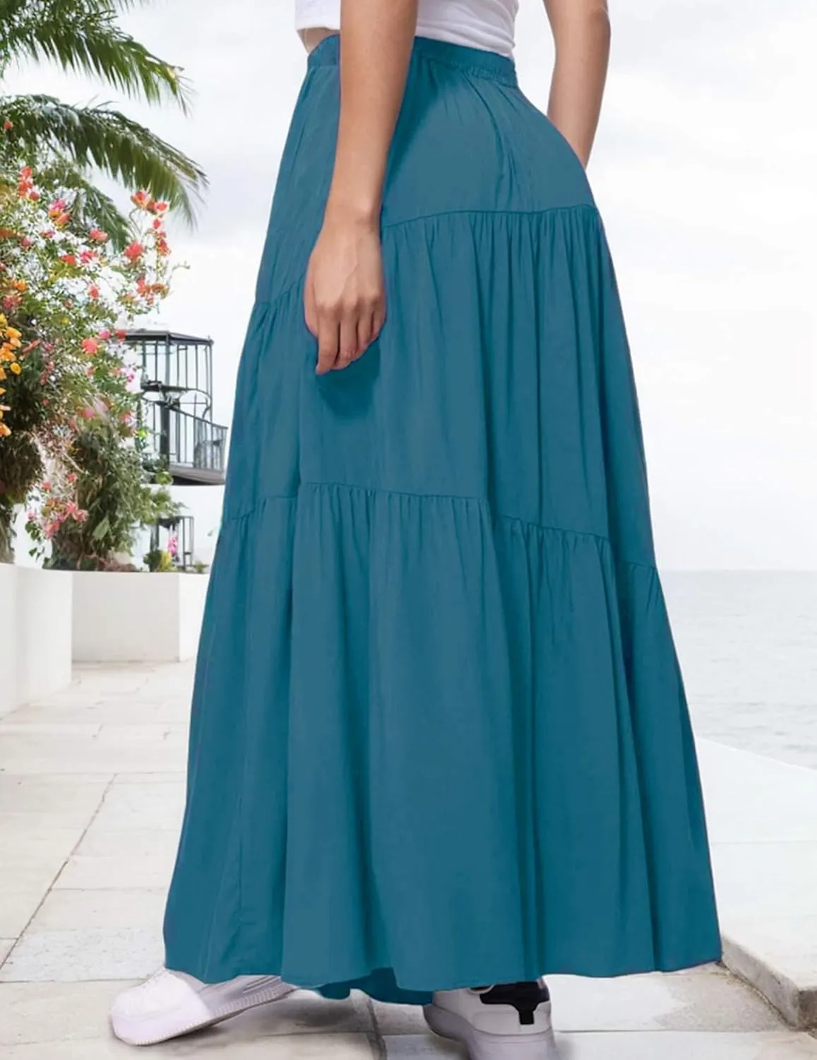Womens Pleated A-Line Skirt Summer Elastic High Waisted Tiered Casual Long Skirts with Pockets