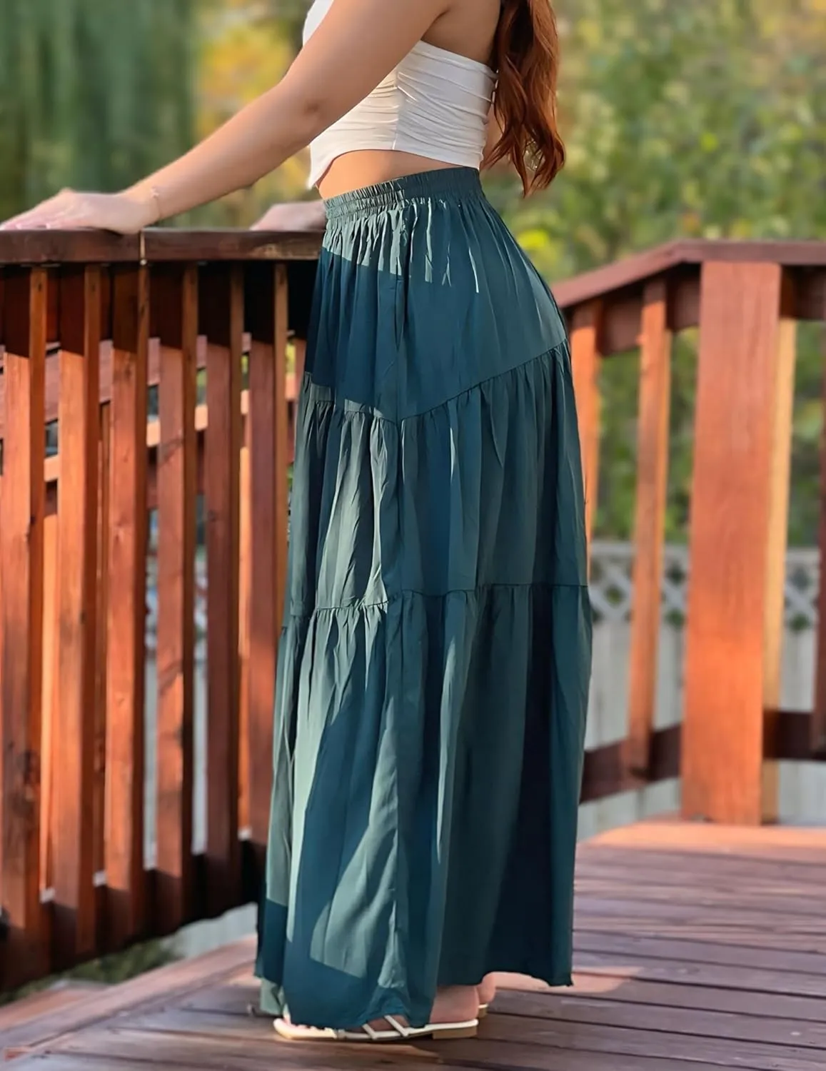 Womens Pleated A-Line Skirt Summer Elastic High Waisted Tiered Casual Long Skirts with Pockets