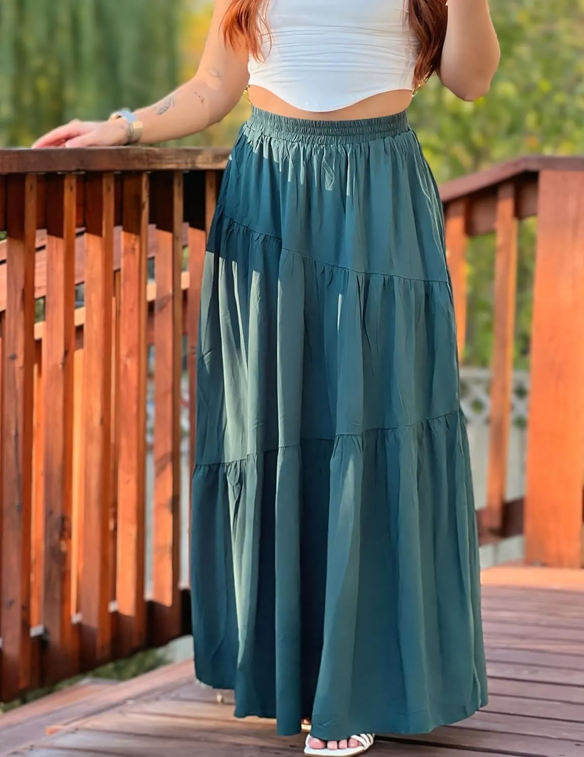 Womens Pleated A-Line Skirt Summer Elastic High Waisted Tiered Casual Long Skirts with Pockets