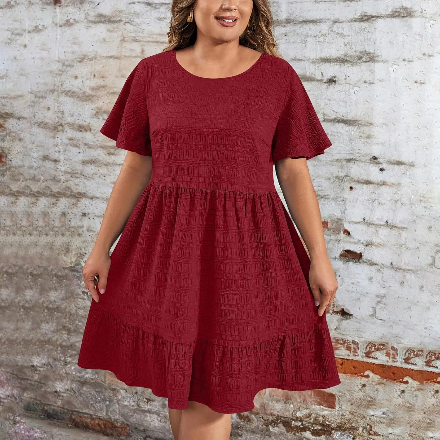 Womens Plus Size Mini Dress Pleated Patchwork Dresses Short Sleeve Crewneck Sundress Beach Wedding Guest Clothes 2025