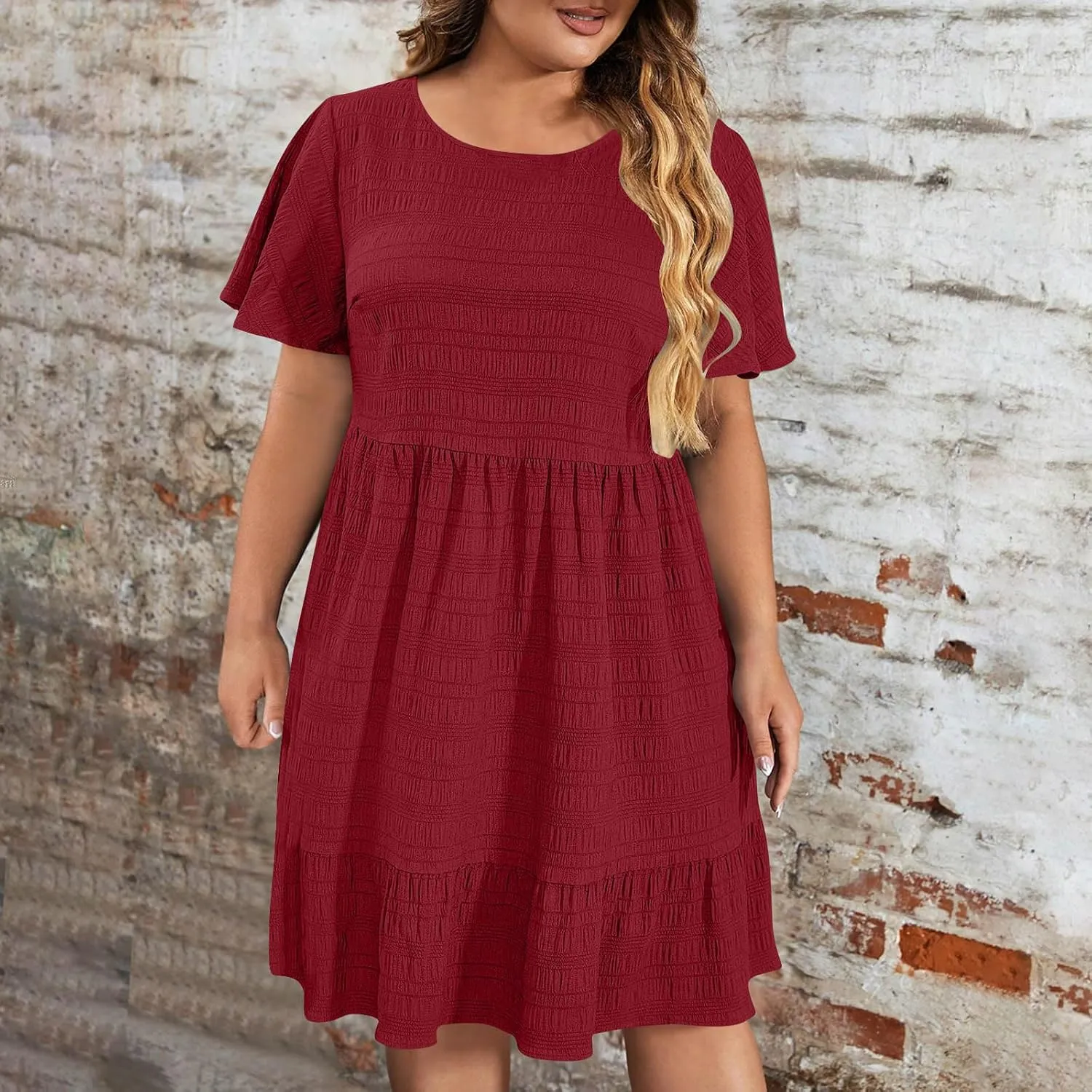 Womens Plus Size Mini Dress Pleated Patchwork Dresses Short Sleeve Crewneck Sundress Beach Wedding Guest Clothes 2025