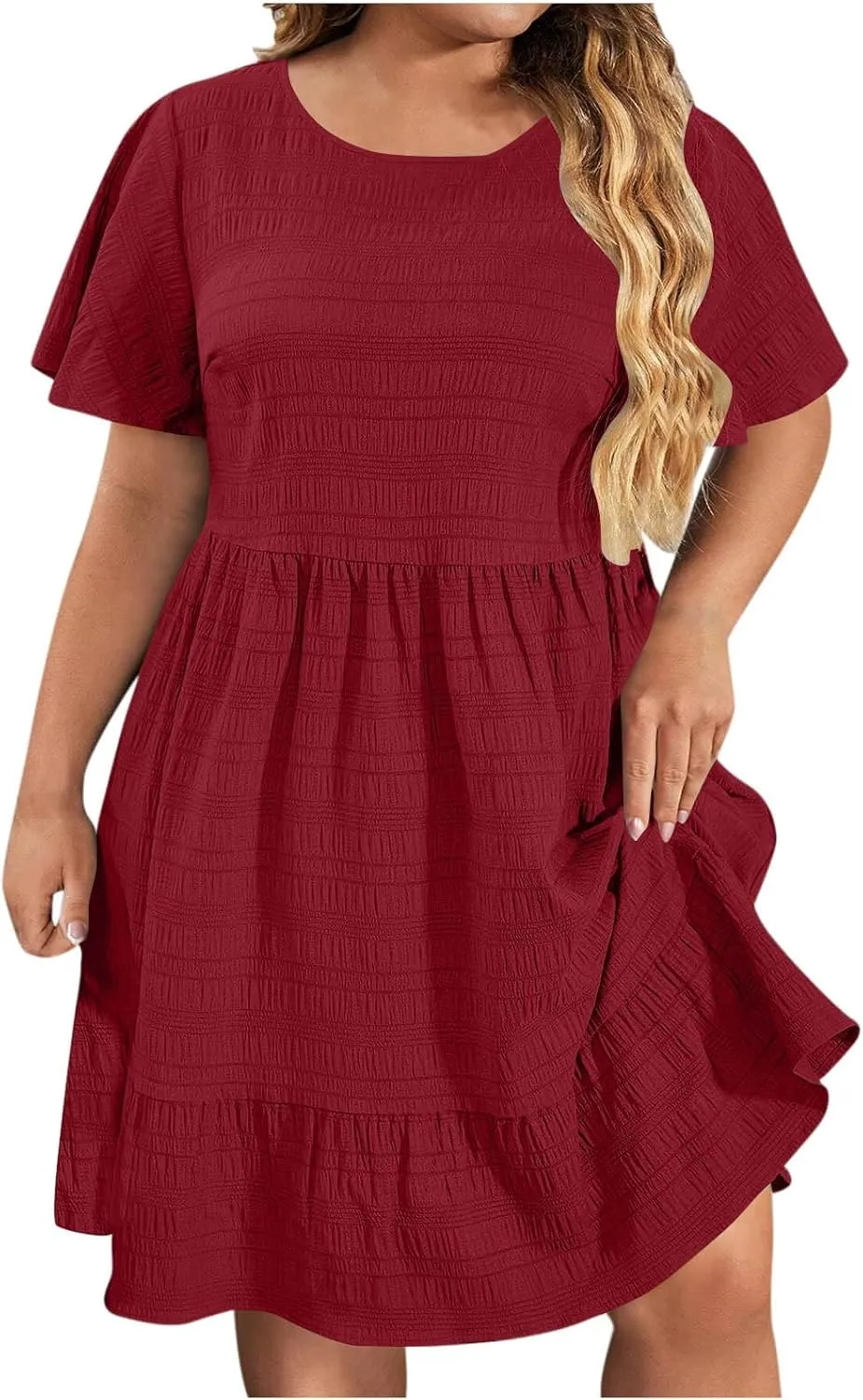 Womens Plus Size Mini Dress Pleated Patchwork Dresses Short Sleeve Crewneck Sundress Beach Wedding Guest Clothes 2025