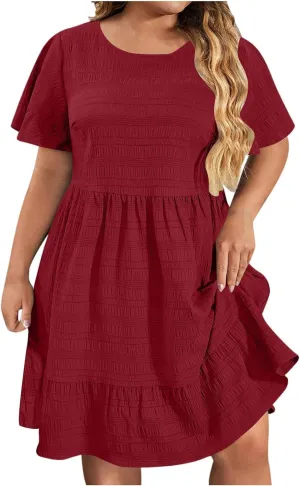 Womens Plus Size Mini Dress Pleated Patchwork Dresses Short Sleeve Crewneck Sundress Beach Wedding Guest Clothes 2025