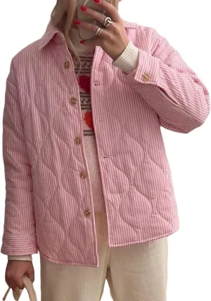 Womens Quilted Jacket Y2K Striped Print Fall Winter Padded Coat Lightweight Long Sleeve Puffer Outwear