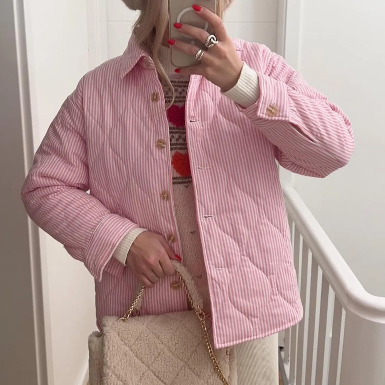 Womens Quilted Jacket Y2K Striped Print Fall Winter Padded Coat Lightweight Long Sleeve Puffer Outwear