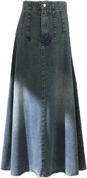 Women's Retro High Waisted Denim Skirt Slim Fit A-Line Swing Skirts Lady Casual Office Work Jeans Skirts
