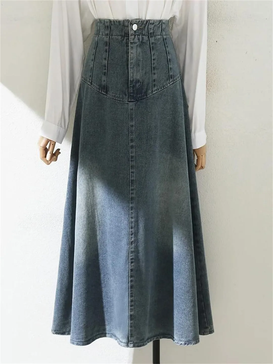 Women's Retro High Waisted Denim Skirt Slim Fit A-Line Swing Skirts Lady Casual Office Work Jeans Skirts