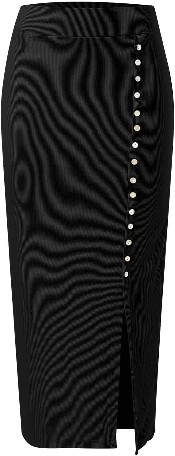 Women's Ribbed Tight Side Slit Skirts High Waist Midi Skirt Vintage Elastic A-Line Pleated Button Skirts (Black, XL)