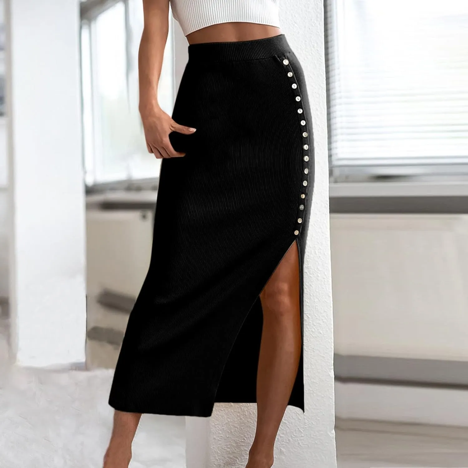 Women's Ribbed Tight Side Slit Skirts High Waist Midi Skirt Vintage Elastic A-Line Pleated Button Skirts (Black, XL)