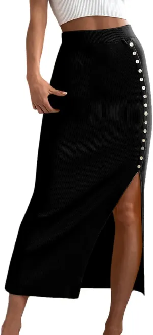 Women's Ribbed Tight Side Slit Skirts High Waist Midi Skirt Vintage Elastic A-Line Pleated Button Skirts (Black, XL)