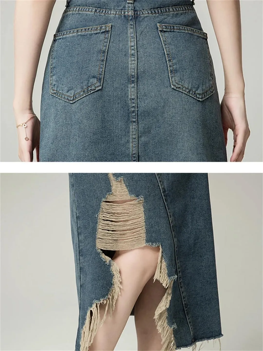 Women's Ripped Holes Irregular Denim Skirt with Pockets High Waisted Retro Distressed Washed Jean Skirt