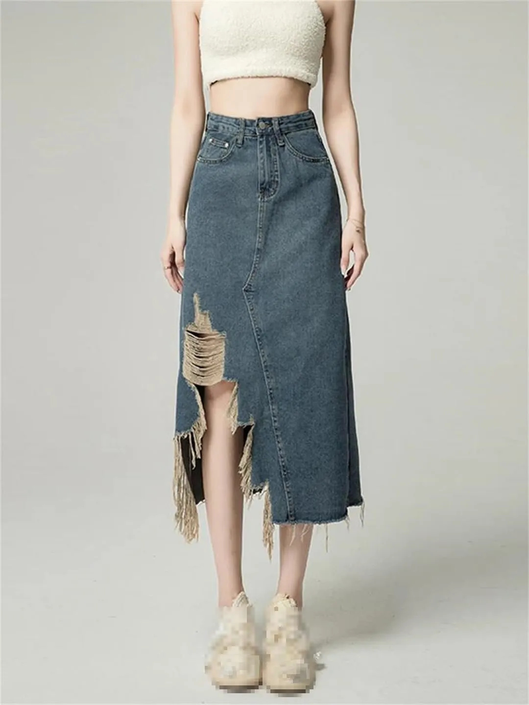 Women's Ripped Holes Irregular Denim Skirt with Pockets High Waisted Retro Distressed Washed Jean Skirt