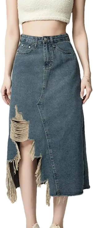 Women's Ripped Holes Irregular Denim Skirt with Pockets High Waisted Retro Distressed Washed Jean Skirt