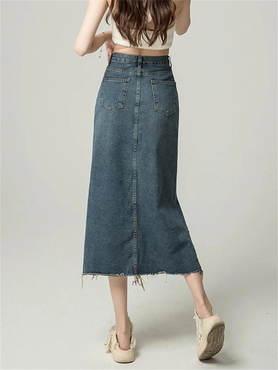 Women's Ripped Holes Irregular Denim Skirt with Pockets High Waisted Retro Distressed Washed Jean Skirt