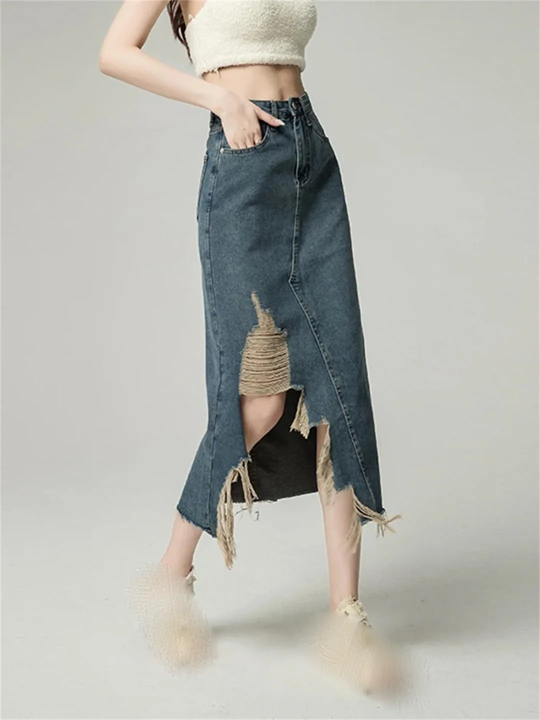 Women's Ripped Holes Irregular Denim Skirt with Pockets High Waisted Retro Distressed Washed Jean Skirt