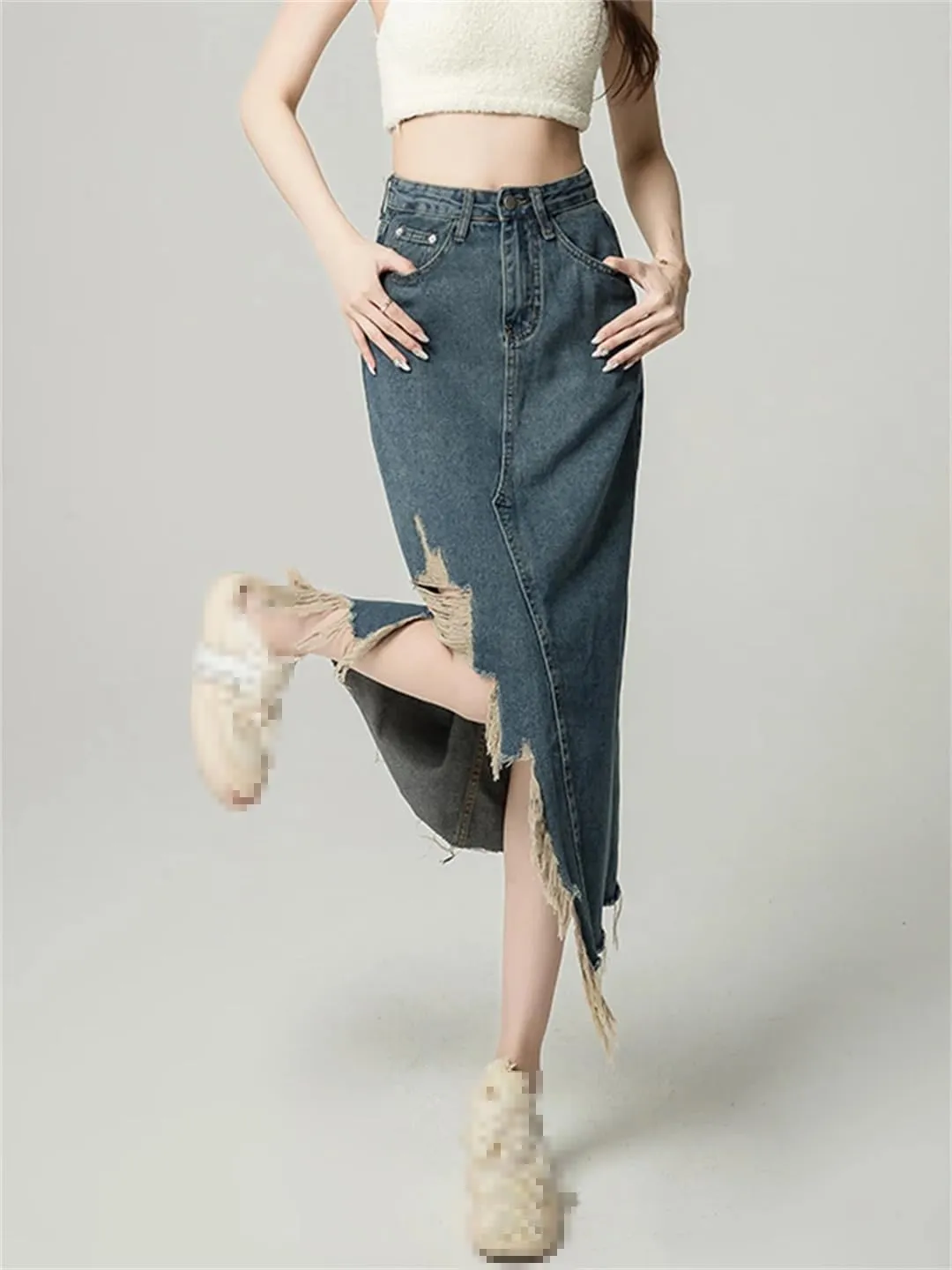 Women's Ripped Holes Irregular Denim Skirt with Pockets High Waisted Retro Distressed Washed Jean Skirt
