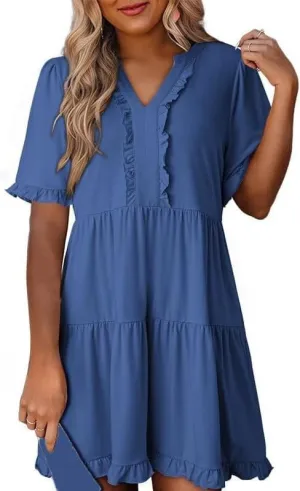 Women's Ruffle Short Sleeve V-Neck Layered Swing Dress Casual A Line Flowy Mini Dresses Tiered Babydoll Sundress