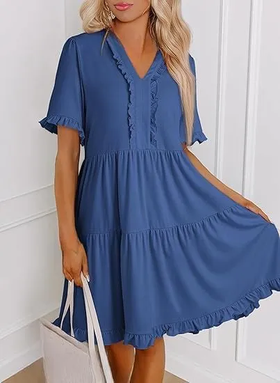 Women's Ruffle Short Sleeve V-Neck Layered Swing Dress Casual A Line Flowy Mini Dresses Tiered Babydoll Sundress