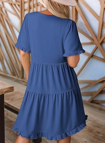 Women's Ruffle Short Sleeve V-Neck Layered Swing Dress Casual A Line Flowy Mini Dresses Tiered Babydoll Sundress