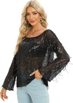 Women's Sequin Sheer mesh Drop Shoulder Clothing flowsue Long Sleeved Party Evening Gown Swimsuit Smock
