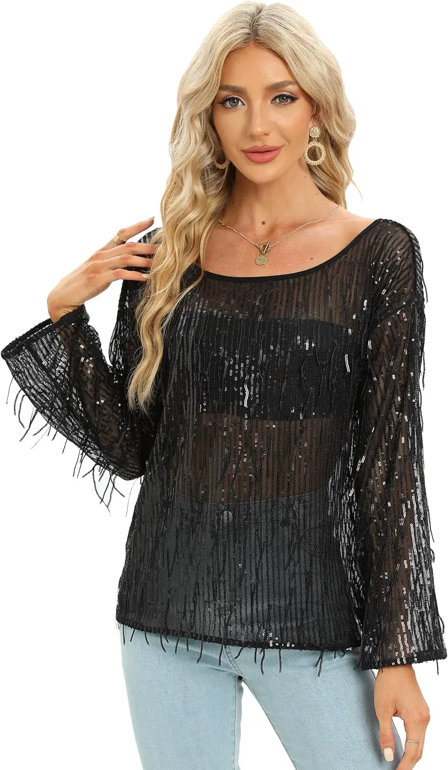 Women's Sequin Sheer mesh Drop Shoulder Clothing flowsue Long Sleeved Party Evening Gown Swimsuit Smock