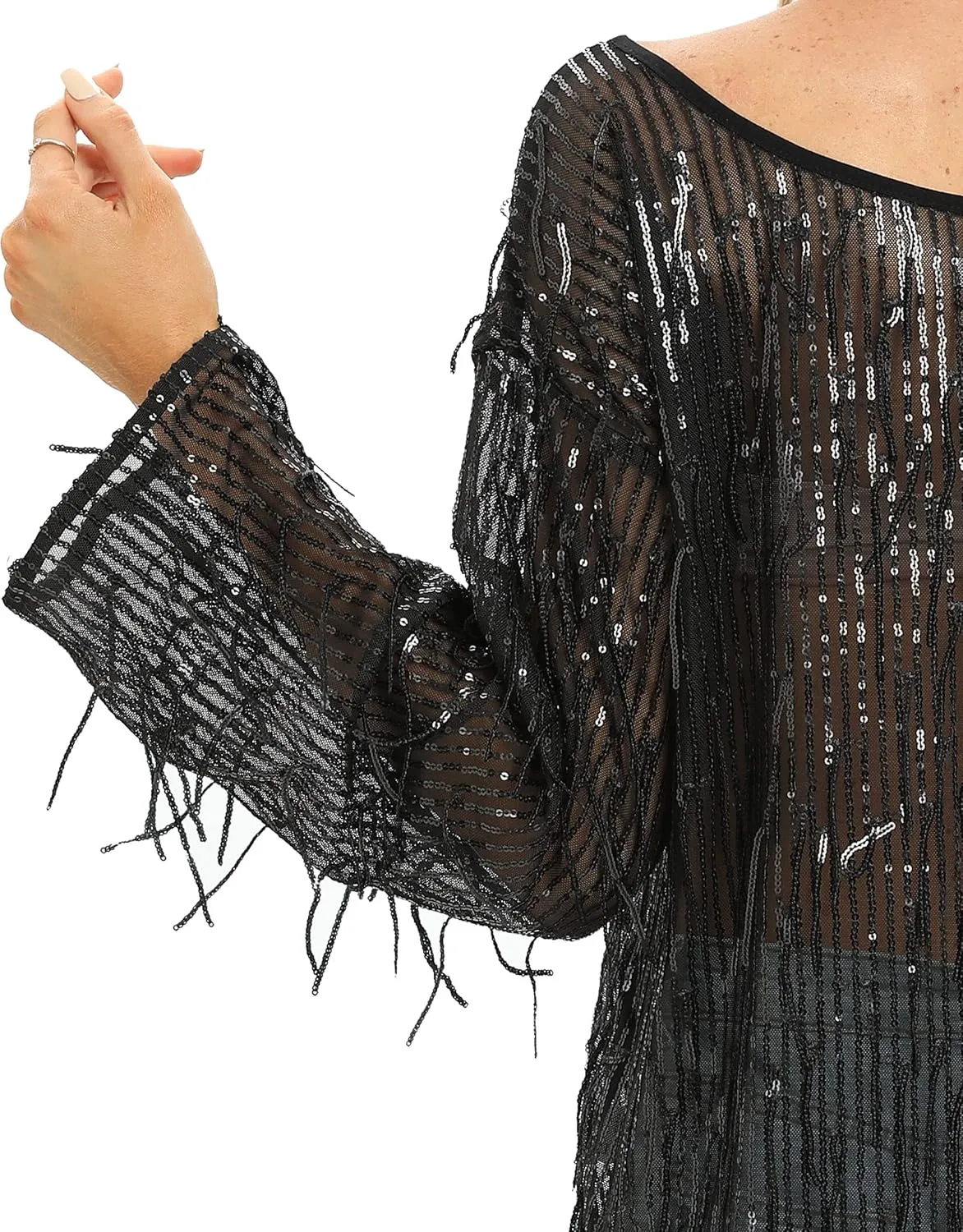 Women's Sequin Sheer mesh Drop Shoulder Clothing flowsue Long Sleeved Party Evening Gown Swimsuit Smock