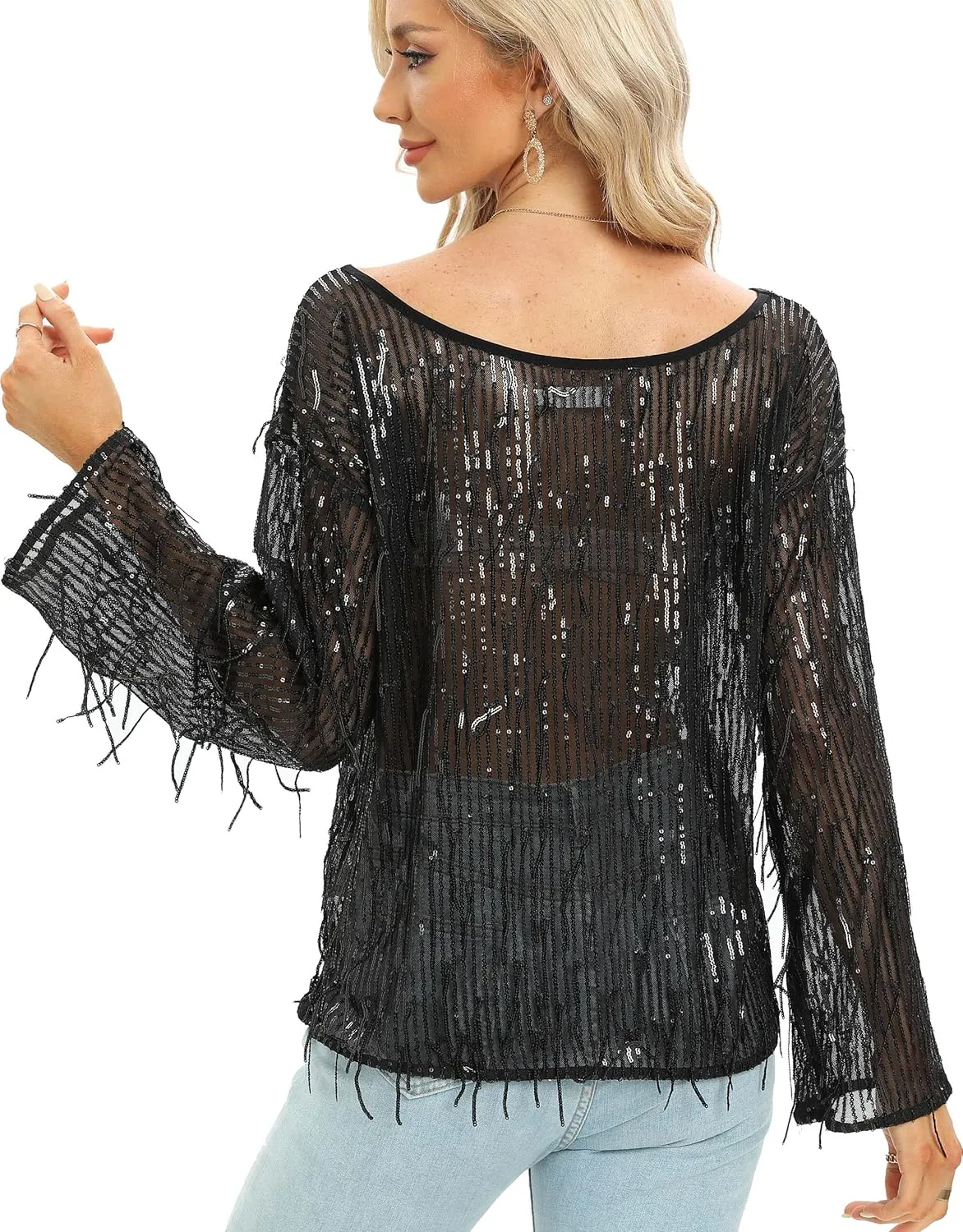 Women's Sequin Sheer mesh Drop Shoulder Clothing flowsue Long Sleeved Party Evening Gown Swimsuit Smock