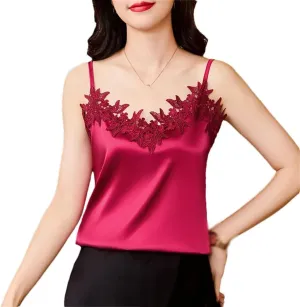 Women's Silk Satin Camisole 2025 Spring Summer Backless Tank Top Lace Flowers Sleeveless Shirt