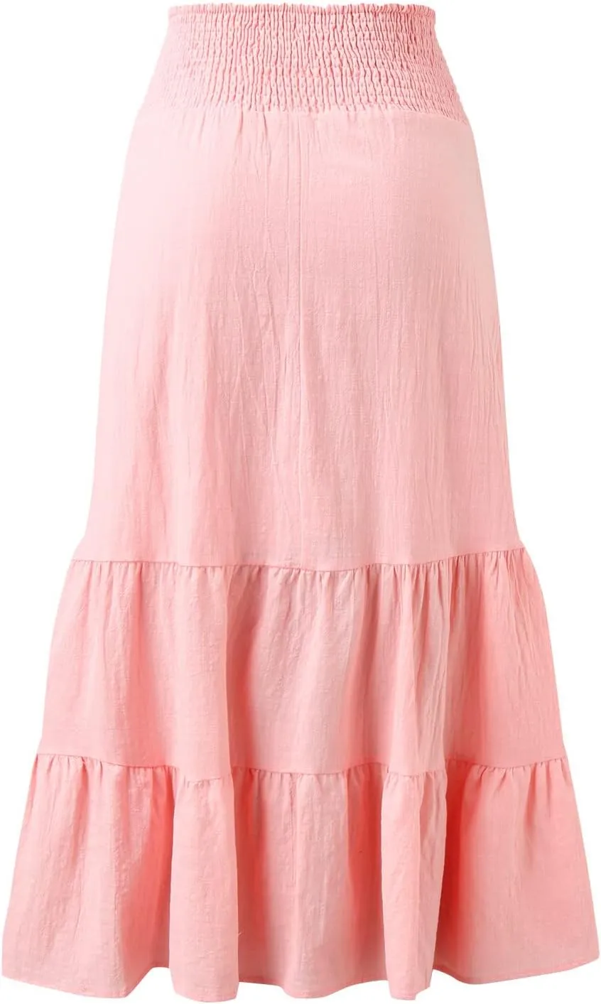 Womens Skirts Pleated A-Line Swing Skirt Vintage Irregular Midi Skirts Ruffle Layered High Waist Hip Long Skirt