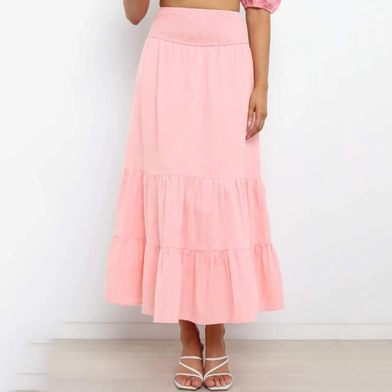 Womens Skirts Pleated A-Line Swing Skirt Vintage Irregular Midi Skirts Ruffle Layered High Waist Hip Long Skirt