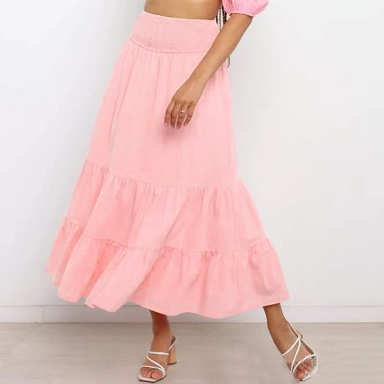 Womens Skirts Pleated A-Line Swing Skirt Vintage Irregular Midi Skirts Ruffle Layered High Waist Hip Long Skirt