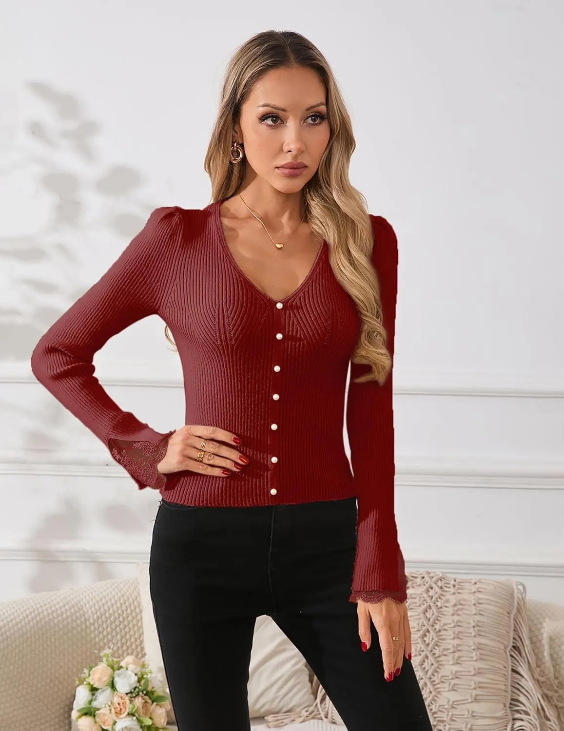 Womens Slim Dressy Pearl Lace Ruffle Sweater Spring 2025 Business Casual Outfits V Neck Ribbed Knit Tunic Tops