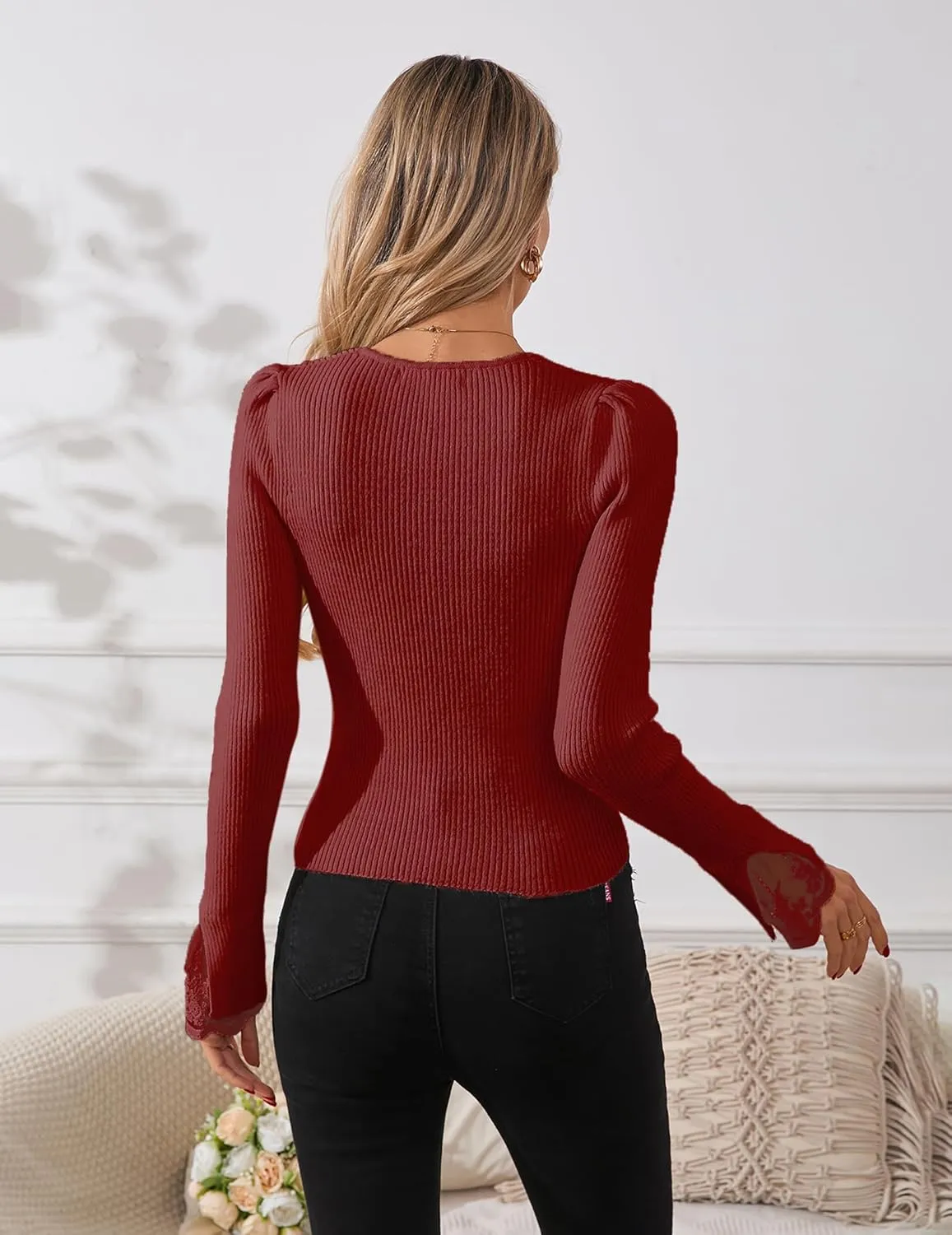 Womens Slim Dressy Pearl Lace Ruffle Sweater Spring 2025 Business Casual Outfits V Neck Ribbed Knit Tunic Tops