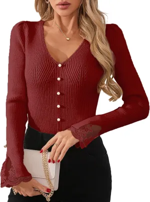 Womens Slim Dressy Pearl Lace Ruffle Sweater Spring 2025 Business Casual Outfits V Neck Ribbed Knit Tunic Tops
