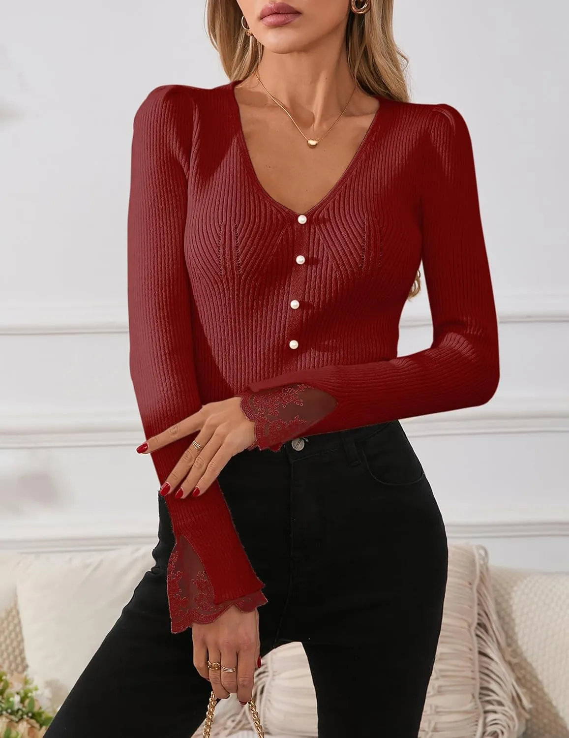 Womens Slim Dressy Pearl Lace Ruffle Sweater Spring 2025 Business Casual Outfits V Neck Ribbed Knit Tunic Tops