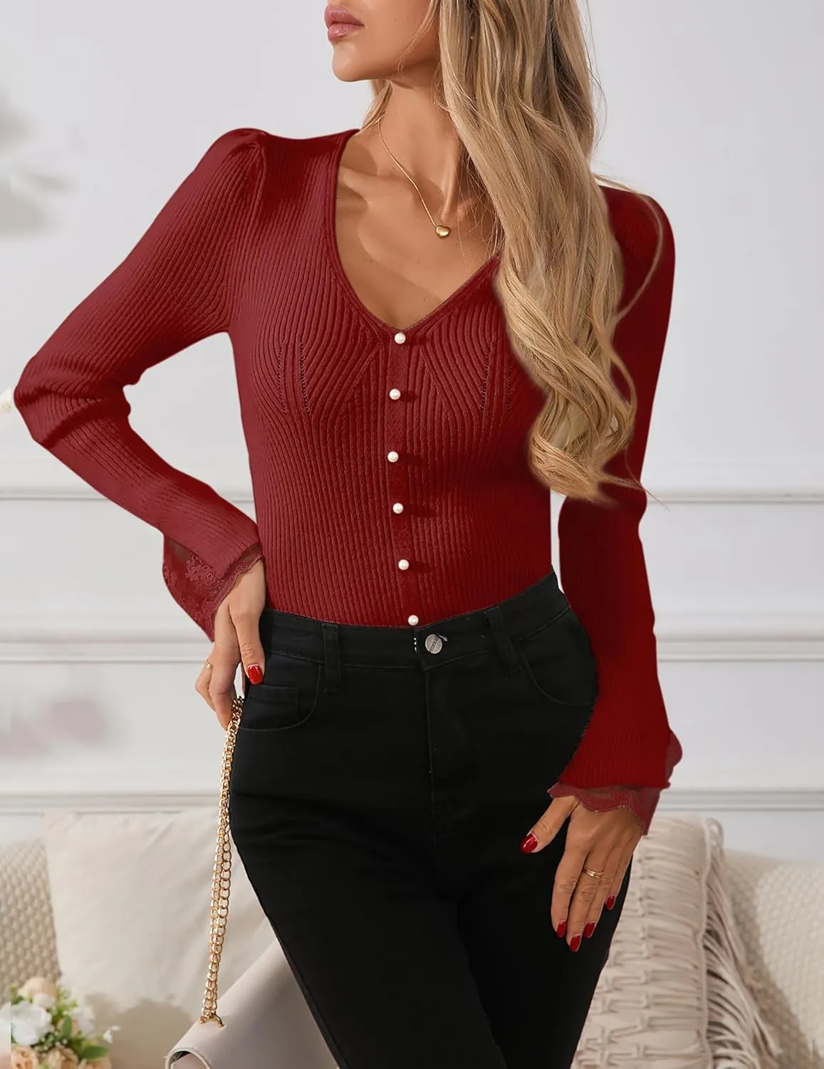 Womens Slim Dressy Pearl Lace Ruffle Sweater Spring 2025 Business Casual Outfits V Neck Ribbed Knit Tunic Tops