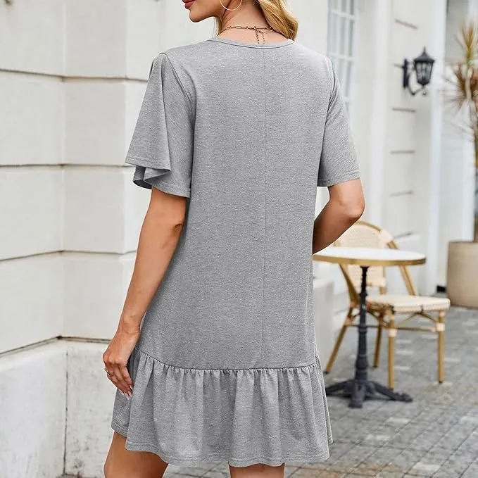 Women's Solid Color Round Neck Loose Short Sleeve Pleated Dress Ruffle Hem Mini Babydoll Dresses Flowy Sundress