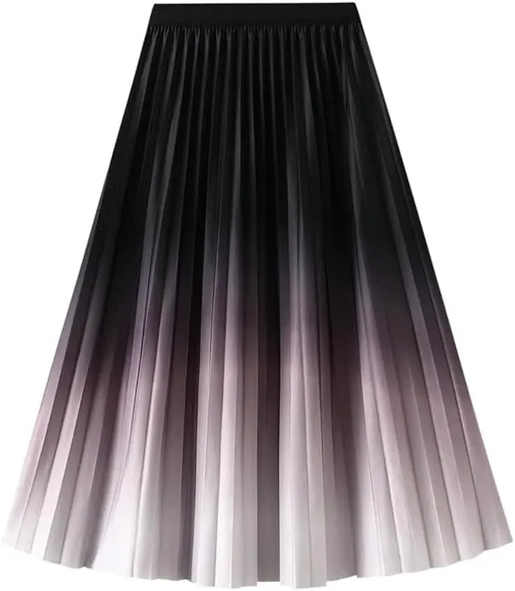 Women's Spring Gradient Color Elastic High Waist Pleated A-Line Midi Skirt