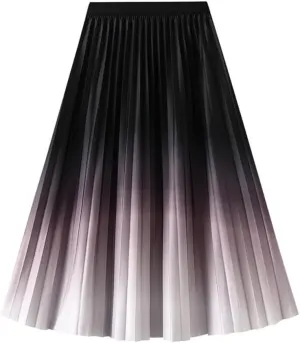 Women's Spring Gradient Color Elastic High Waist Pleated A-Line Midi Skirt